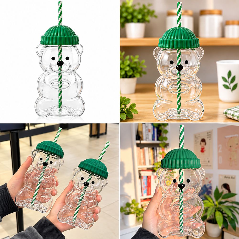 Bear Shaped Tumbler with Matching Straw & Spill-Proof Cap β Cute Reusable Drinking Cup (High Quality)