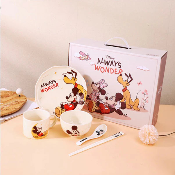 Disney Mickey & Friends 5-Piece Kids Dinner Set – Ceramic Plate, Bowl, Cup, Spoon & Chopsticks Gift Set