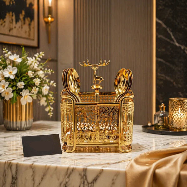 Luxury Deer Crown Cutlery Holder – Metal Spoon & Fork Organizer Stand for Elegant Dining & Kitchen Storage