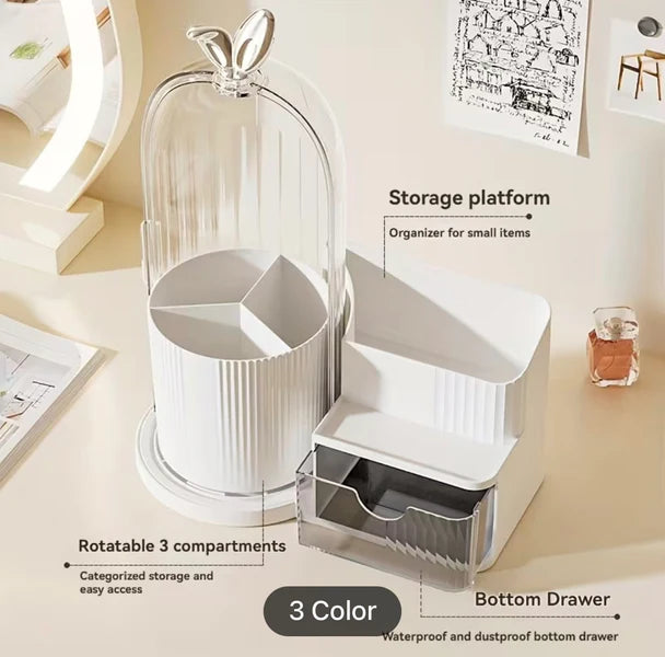Luxury Rotating Makeup Organizer with Dustproof Cover – Multi-Compartment Cosmetic Storage