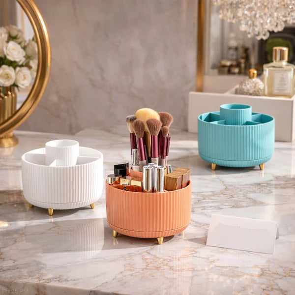 Premium Rotating Makeup Brush Holder with Compartments – Elegant Vanity Cosmetic Organizer
