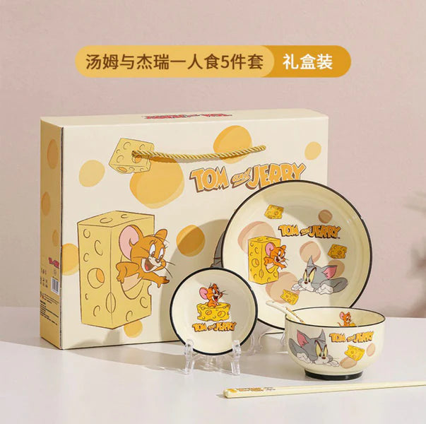 Tom & Jerry 5-Piece Kids Dinner Set – Premium Ceramic Plate, Bowl, Dish, Spoon & Chopsticks Gift Set