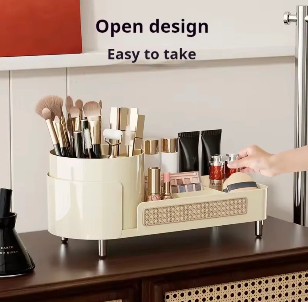 360° Rotating Cosmetic Organizer with Pen Holder – Makeup Storage & Display Case