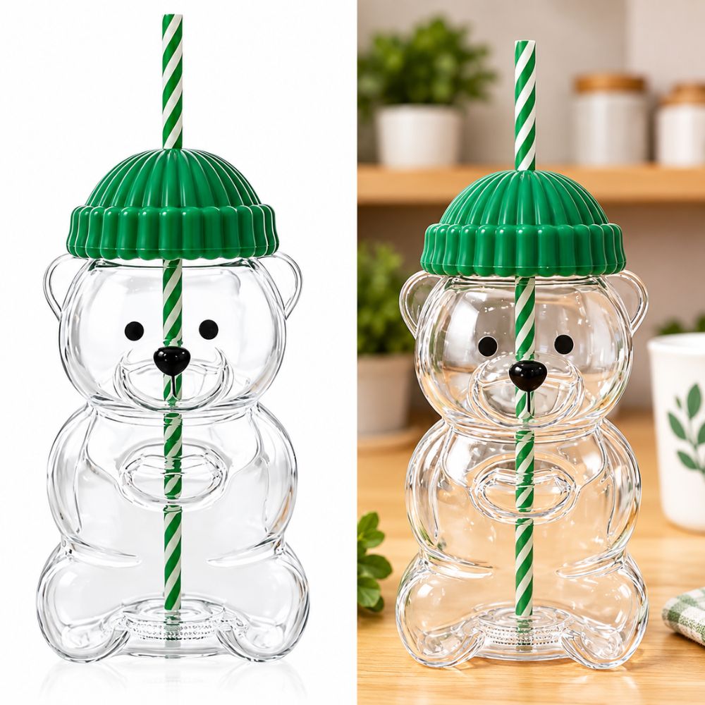 Bear Shaped Tumbler with Matching Straw & Spill-Proof Cap – Cute Reusable Drinking Cup (High Quality)