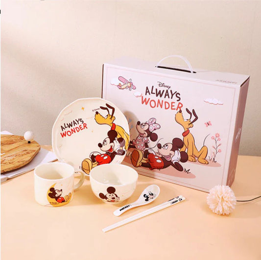Disney Mickey & Friends 5-Piece Kids Dinner Set – Ceramic Plate, Bowl, Cup, Spoon & Chopsticks Gift Set