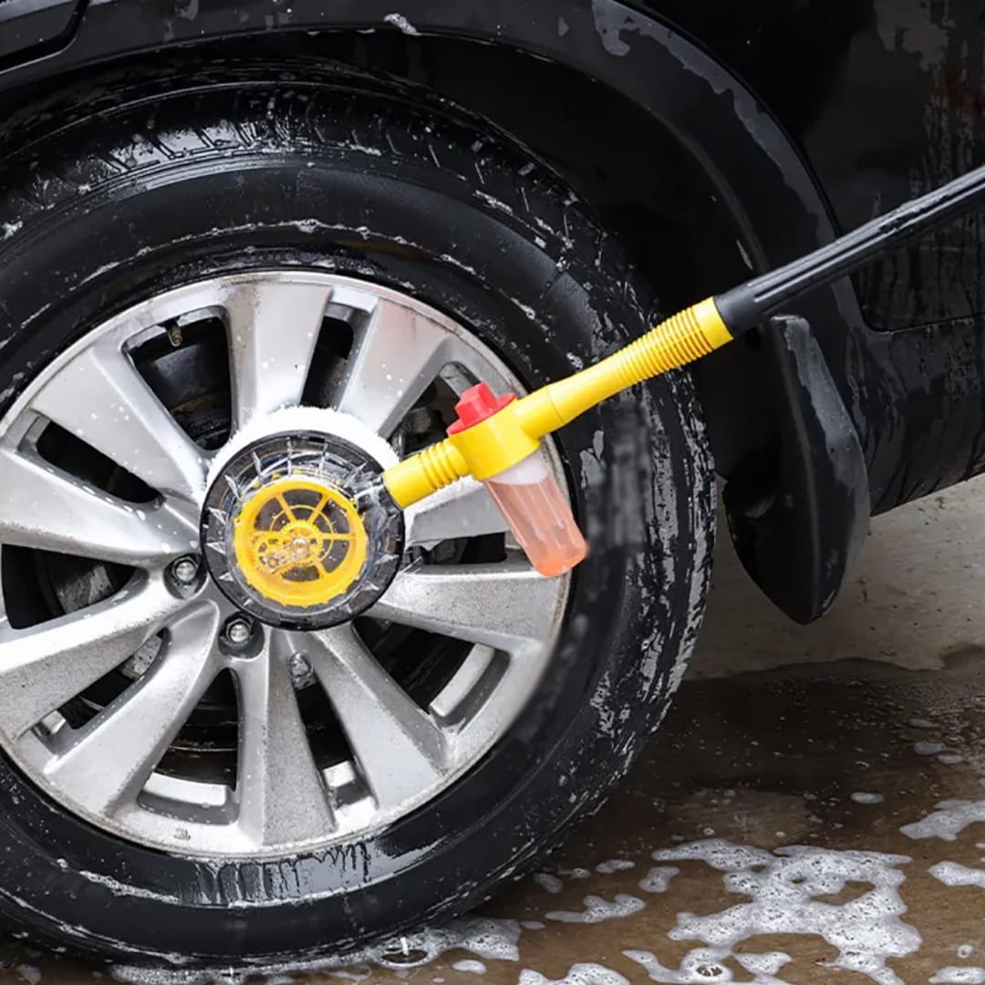 360° Rotating Car Wash Brush Kit: Water-Powered Spin, Built-in Soap Dispenser, Long Handle