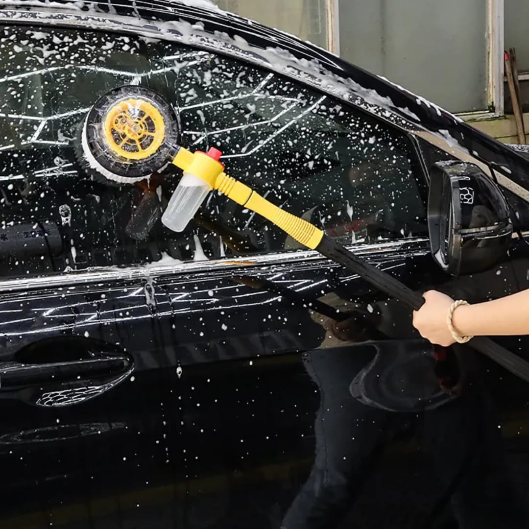 360° Rotating Car Wash Brush Kit: Water-Powered Spin, Built-in Soap Dispenser, Long Handle