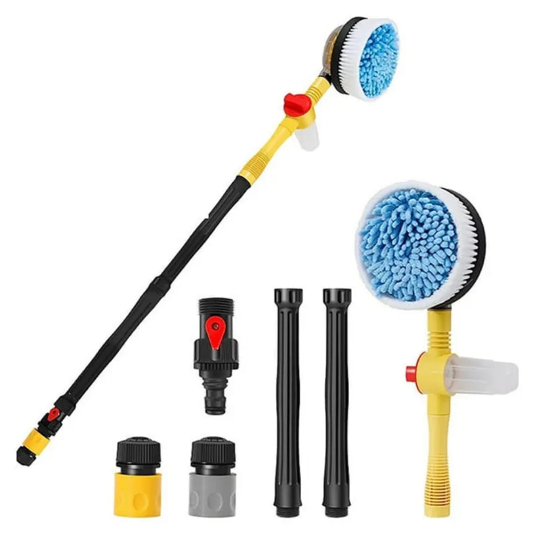 360° Rotating Car Wash Brush Kit: Water-Powered Spin, Built-in Soap Dispenser, Long Handle
