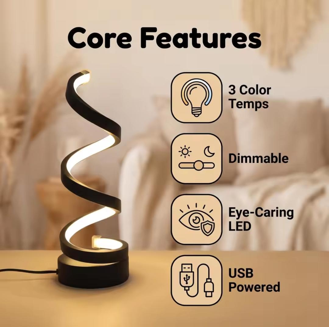 Spiral LED Table Lamp: Modern Bedside Night Light, 3 Colours, Dimmable, USB Powered