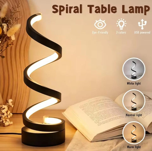 Spiral LED Table Lamp: Modern Bedside Night Light, 3 Colours, Dimmable, USB Powered