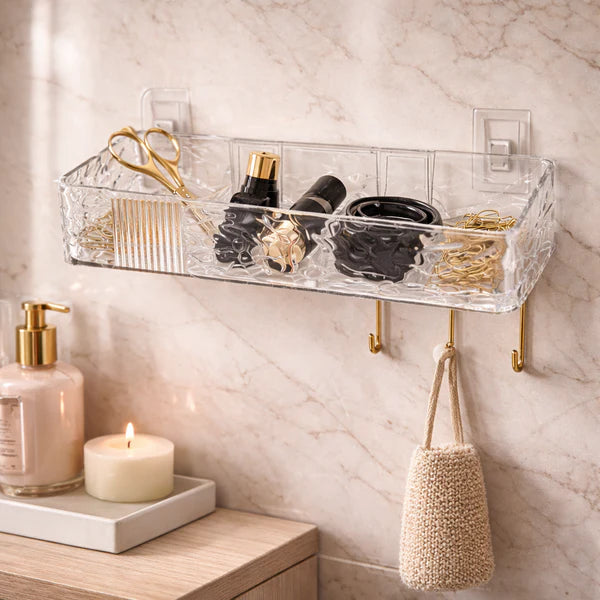 Clear Adhesive Wall-Mounted Acrylic Storage Shelf with Hooks for Bathroom & Kitchen Organization