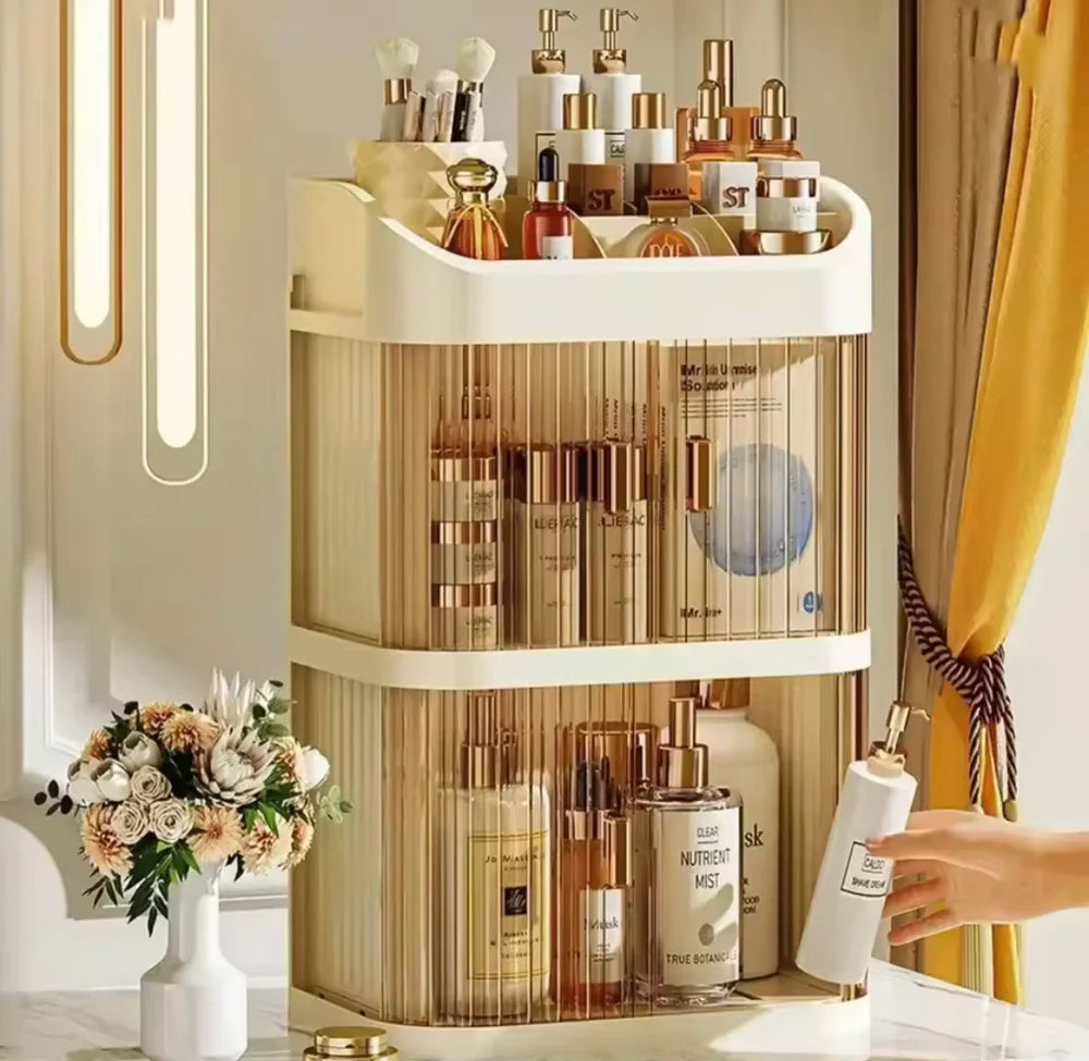 Desktop Double-Layer Dustproof Cosmetic Organizer – Elegant Makeup Storage Box