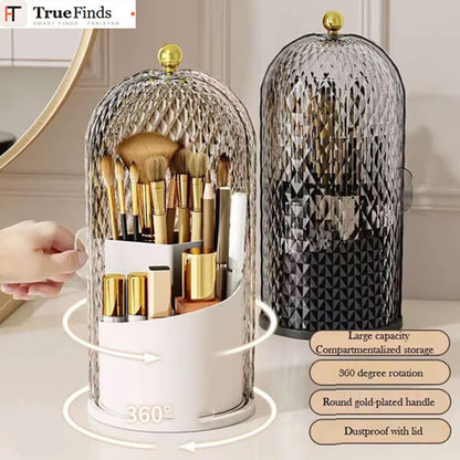 Diamond Birdcage 360° Rotating Makeup Brush Holder with Dustproof Lid – Elegant Cosmetic Organizer