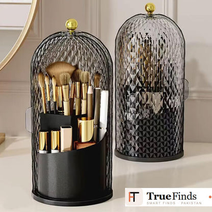 Diamond Birdcage 360° Rotating Makeup Brush Holder with Dustproof Lid – Elegant Cosmetic Organizer