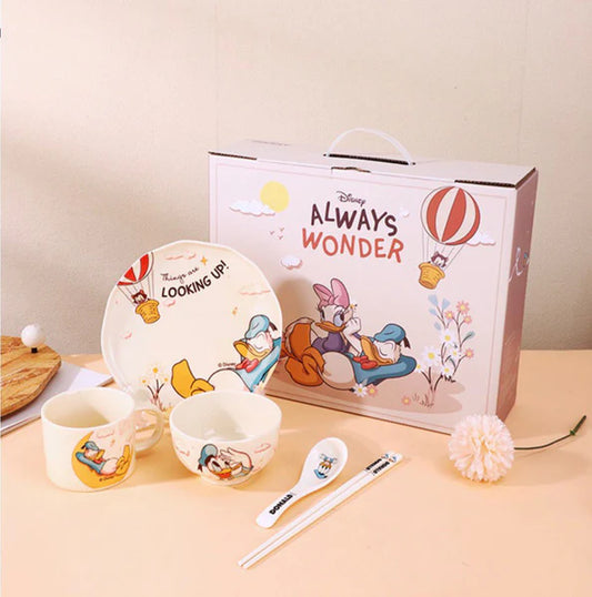 Disney Donald Duck & Friends 5-Piece Kids Dinner Set – Ceramic Plate, Bowl, Cup, Spoon & Chopsticks Gift Set