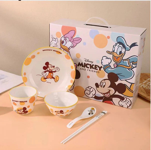 Disney Mickey & Friends 5-Piece Kids Dinner Set – Ceramic Plate, Bowl, Cup, Spoon & Chopsticks Gift Set