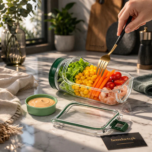 FreshVault Luxe Leakproof Salad Jar with Dressing Cup – Premium Portable Food Container for On-the-Go Meals