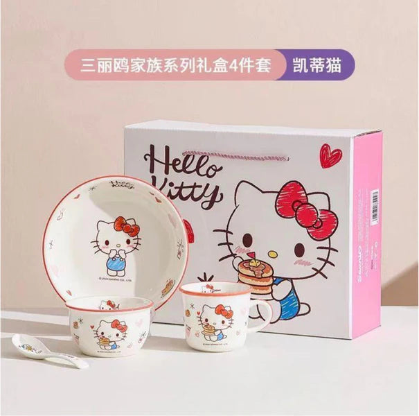 Hello Kitty 4-Piece Kids Dinner Set – Ceramic Plate, Bowl, Cup & Spoon Premium Tableware Gift Set