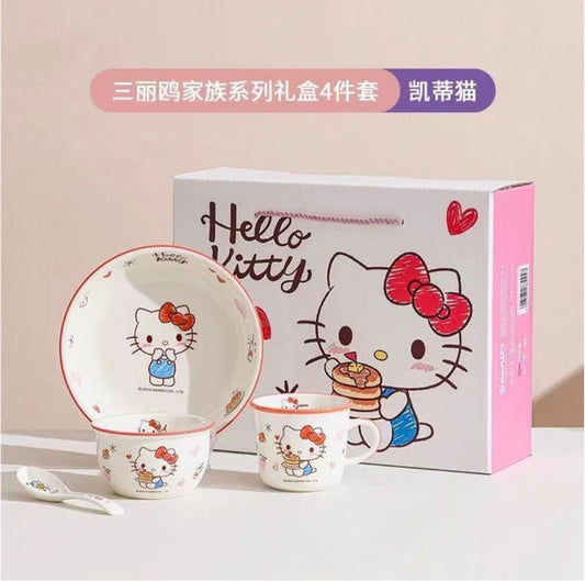 Hello Kitty 4-Piece Kids Dinner Set – Ceramic Plate, Bowl, Cup & Spoon Premium Tableware Gift Set