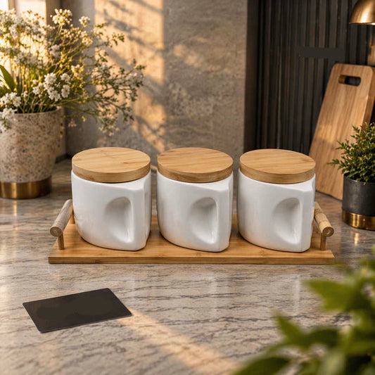 Luxury 3-Piece Ceramic Storage Jar Set with Bamboo Lids & Wooden Tray – Airtight Spice, Sugar & Coffee Containers