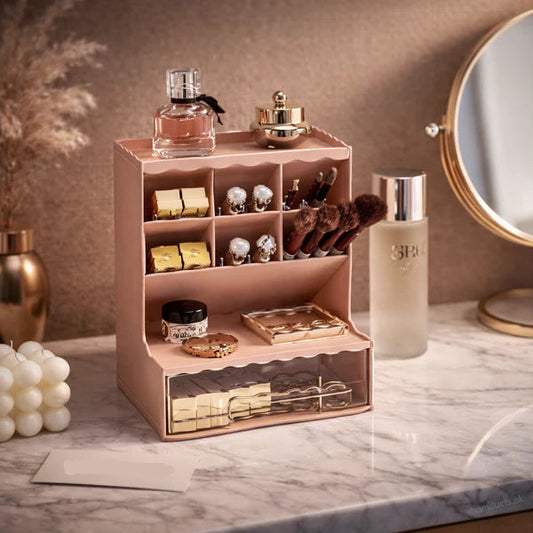 Luxury Multi-Compartment Makeup & Jewelry Organizer with Drawer – Stylish Storage Solution