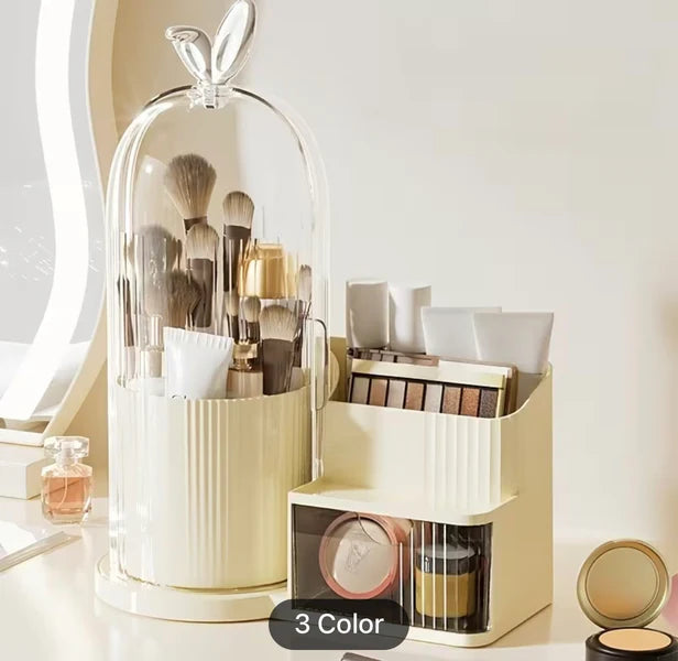 Luxury Rotating Makeup Organizer with Dustproof Cover – Multi-Compartment Cosmetic Storage