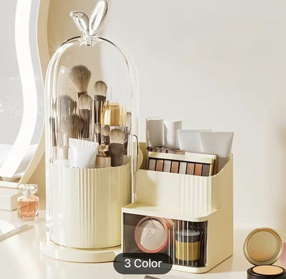Luxury Rotating Makeup Organizer with Dustproof Cover – Multi-Compartment Cosmetic Storage
