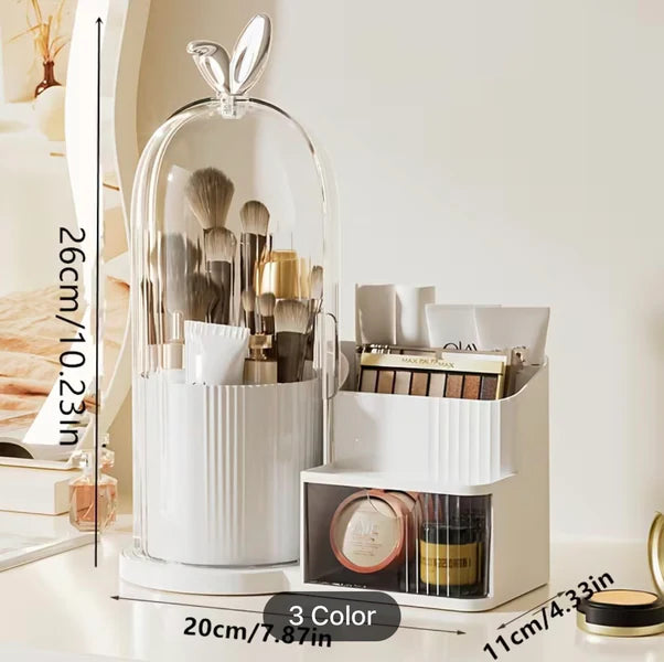 Luxury Rotating Makeup Organizer with Dustproof Cover – Multi-Compartment Cosmetic Storage