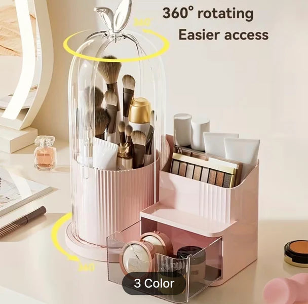 Luxury Rotating Makeup Organizer with Dustproof Cover – Multi-Compartment Cosmetic Storage
