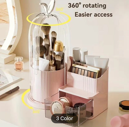 Luxury Rotating Makeup Organizer with Dustproof Cover – Multi-Compartment Cosmetic Storage