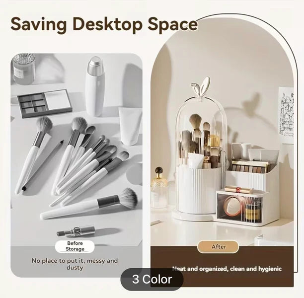 Luxury Rotating Makeup Organizer with Dustproof Cover – Multi-Compartment Cosmetic Storage