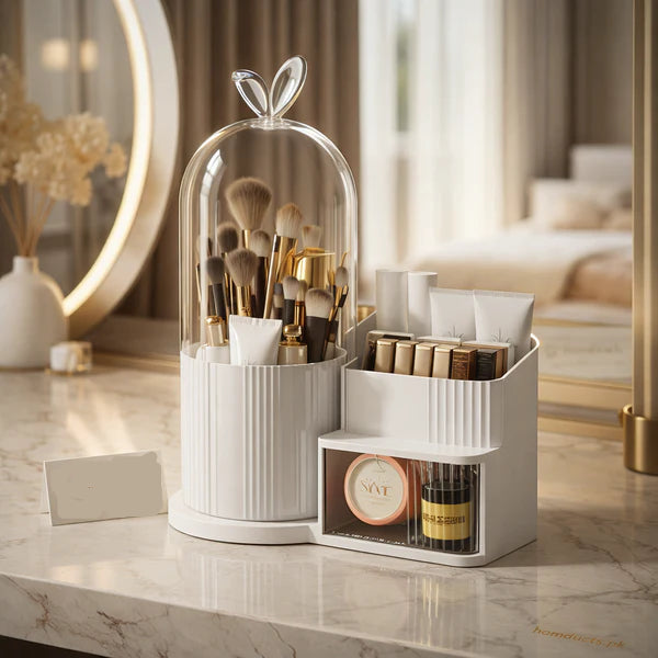 Luxury Rotating Makeup Organizer with Dustproof Cover – Multi-Compartment Cosmetic Storage