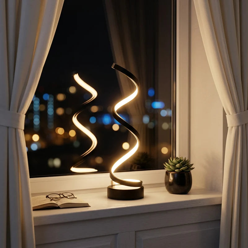 Spiral LED Table Lamp: Modern Bedside Night Light, 3 Colours, Dimmable, USB Powered