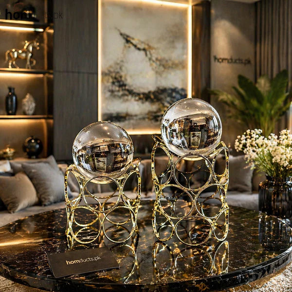 Modern Crystal Sphere Sculpture with Geometric Metal Base – Elegant Table Décor