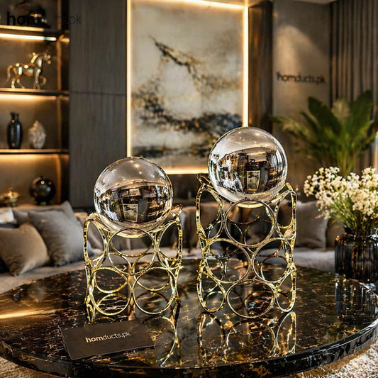 Modern Crystal Sphere Sculpture with Geometric Metal Base – Elegant Table Décor