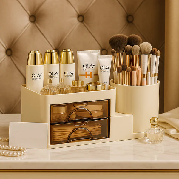 Premium 2-Tier Cosmetic Organizer with Drawers & Brush Holder – Elegant Vanity Storage Solution