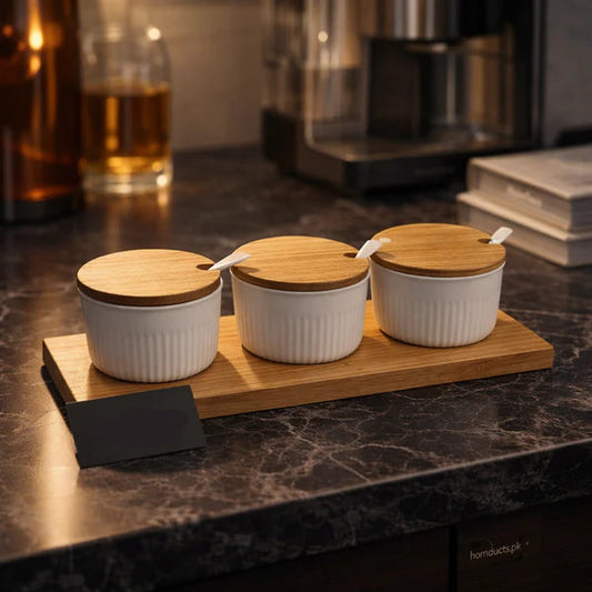Premium 3-Piece Ceramic Condiment Jar Set – Dany Home with Wooden Lid & Serving Tray