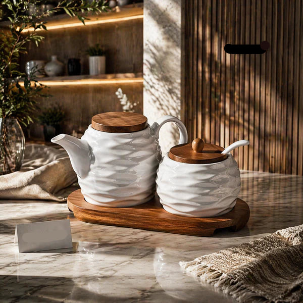 Premium Ceramic Tea Pot & Sugar Jar Set with Wooden Lid & Serving Tray – Elegant Kitchen Set