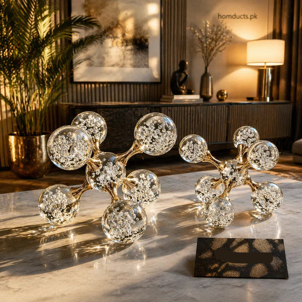 Premium Crystal Bubble Sculpture Décor – Gold Metal & Glass Decorative Table Accent