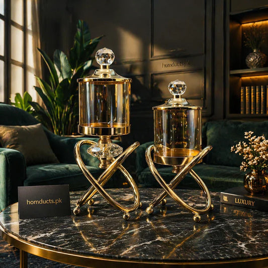 Premium Crystal Glass Candle Holder Stand – Gold Base Luxury Lantern Décor