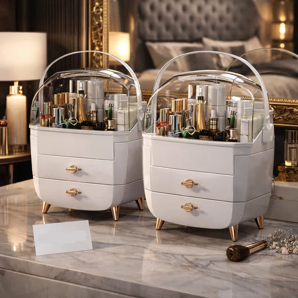 Premium Dustproof Cosmetic Organizer Box with Drawers – Elegant Vanity Makeup Storage Solution