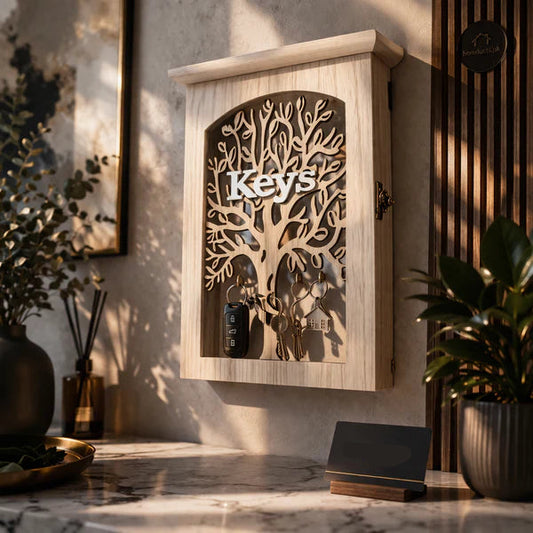 Premium Wall-Mounted Wooden Key Holder Box with Tree Design – Decorative Key Organizer Cabinet
