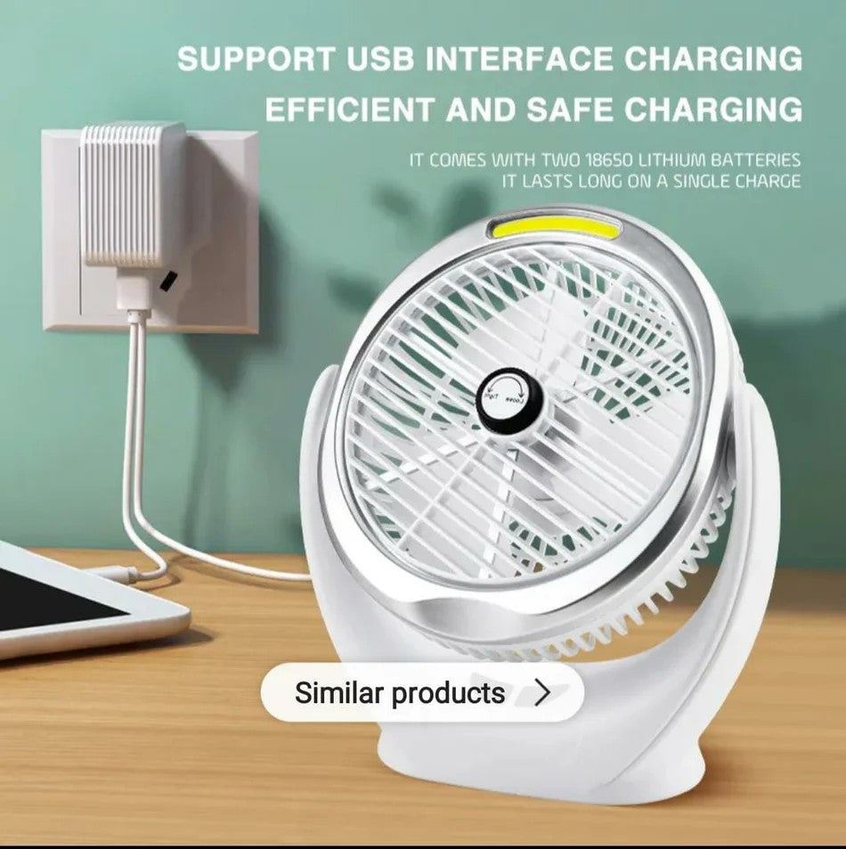 Rechargeable Desktop Fan with COB LED Light – Portable Cooling Fan & Emergency Light