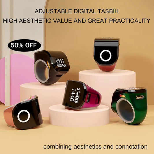 Smart Zikr Ring Rechargeable Digital Tasbih – HD LED Display with Mobile App Sync for Prayer & Dhikr