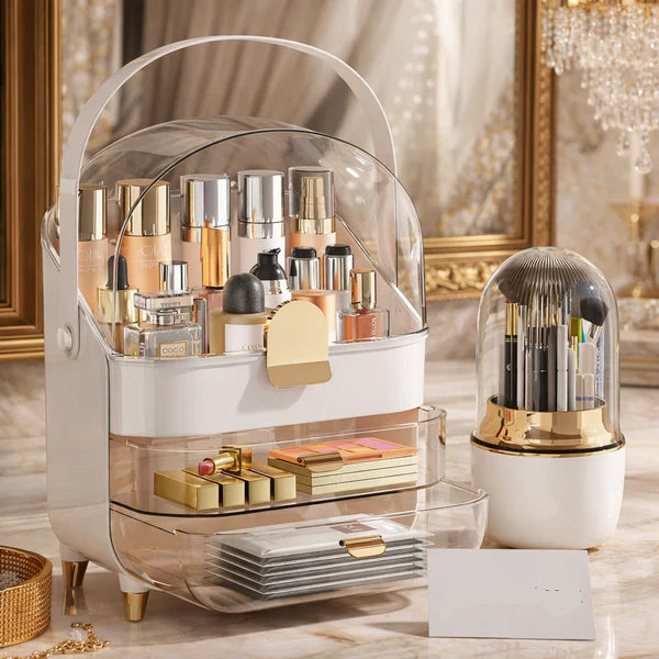 White & Gold Cosmetic Organizer with Dustproof Dome Cover and Drawer Storage