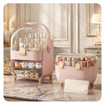 White & Gold Cosmetic Organizer with Dustproof Dome Cover and Drawer Storage
