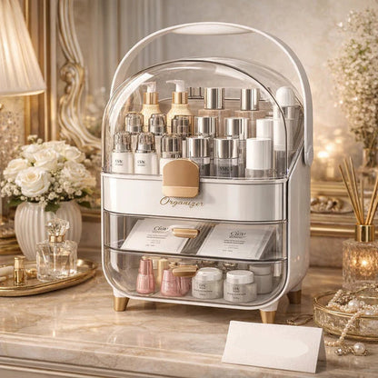 White & Gold Cosmetic Organizer with Dustproof Dome Cover and Drawer Storage